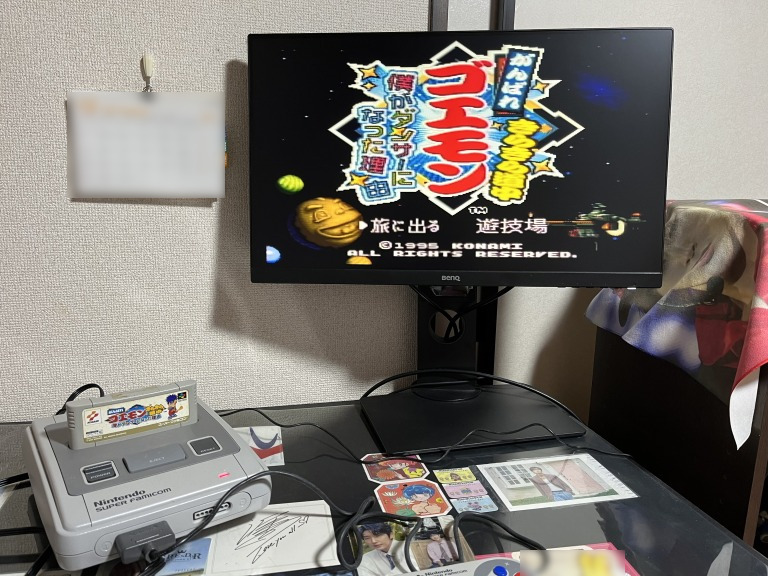 RCA to HDMI変換コンバーターでモニターに映ったスーファミ画像「がんばれゴエモン きらきら道中 僕がダンサーになった理由」